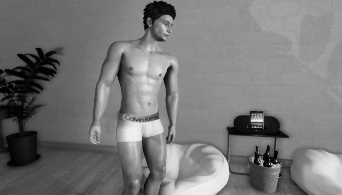 Avatar masculin en sous-vêtements près d’un lit, en noir et blanc.