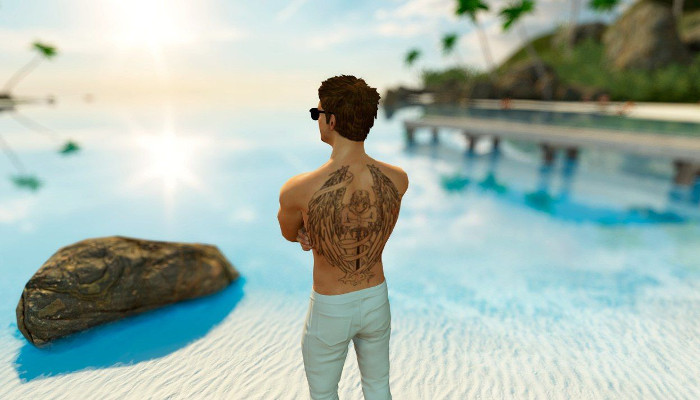 Avatar masculin en pantalon clair au bord d’un rivage tropical.