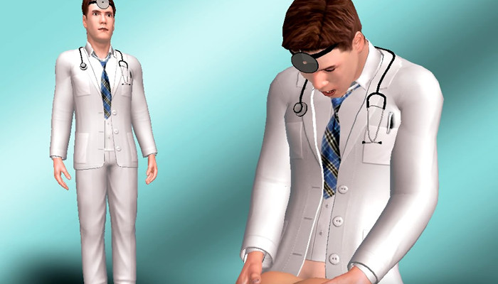 Personnage masculin portant une blouse blanche de médecin et un stéthoscope.