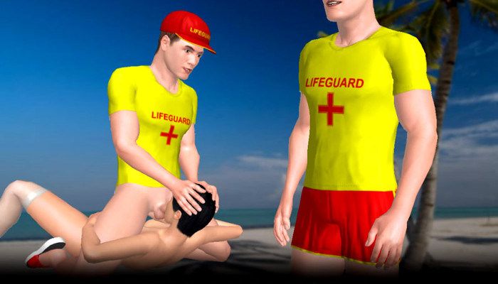 Avatars de sauveteurs dans un jeu de rôle sur la plage.
