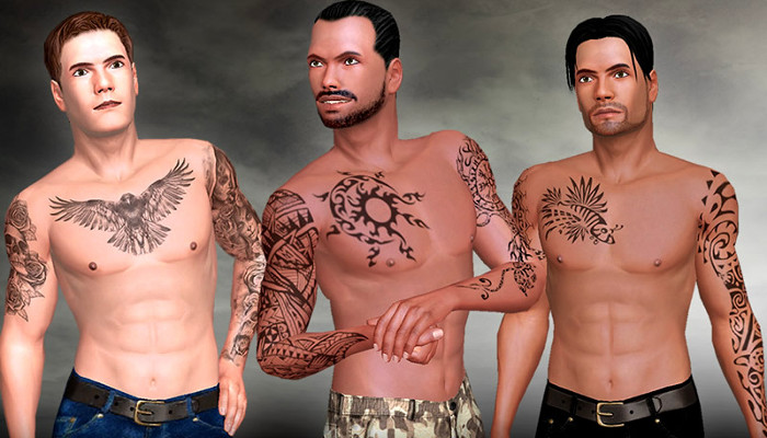 Trois avatars masculins torse nu avec des tatouages sur la poitrine.