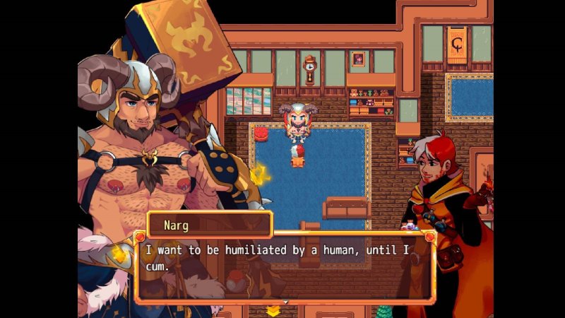 Dialogue de RPG en pixel art dans une taverne fantastique.