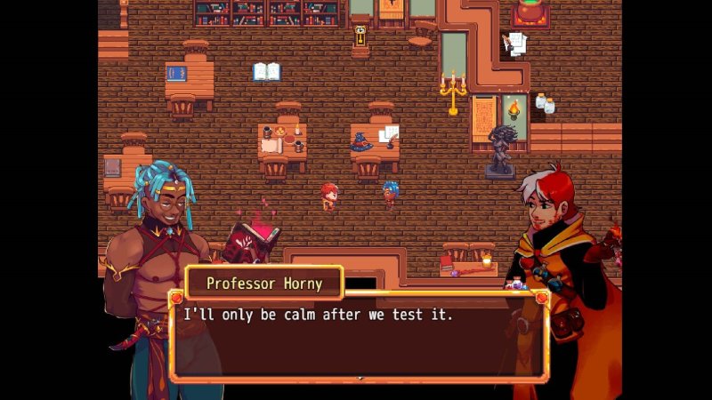 Pièce fantastique vue du dessus avec fenêtre de dialogue RPG.
