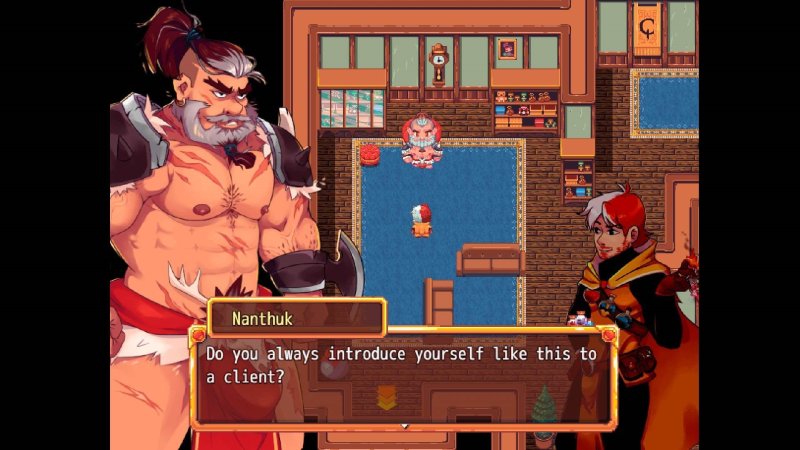 Écran de dialogue RPG avec grand portrait d’un personnage musclé.