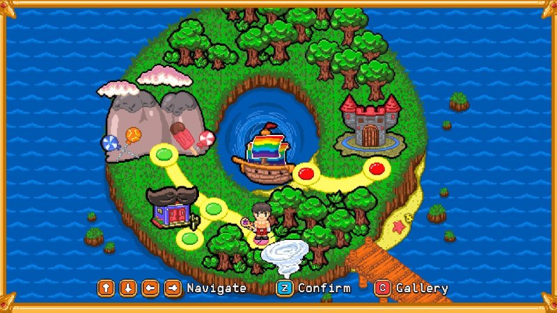 Carte colorée vue du dessus présentant les niveaux de l’aventure de plateformes.