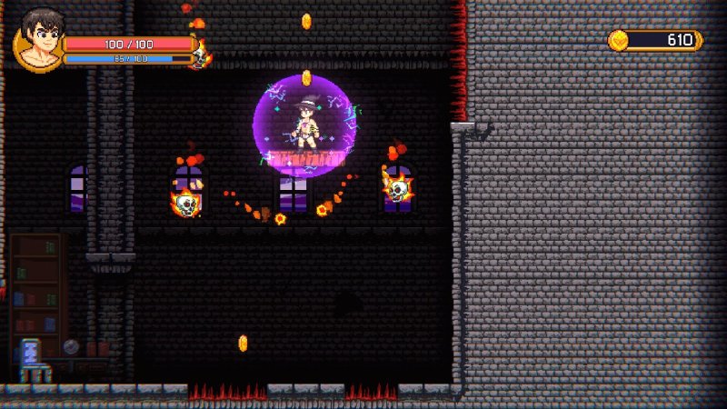 Personnage en pixel art dans une zone de plateformes de donjon.