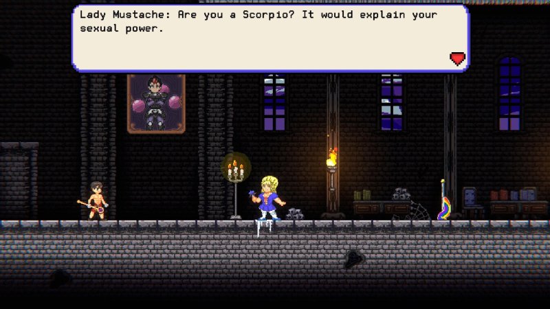 Dialogue du jeu de plateformes fantastique dans un couloir de pierre.
