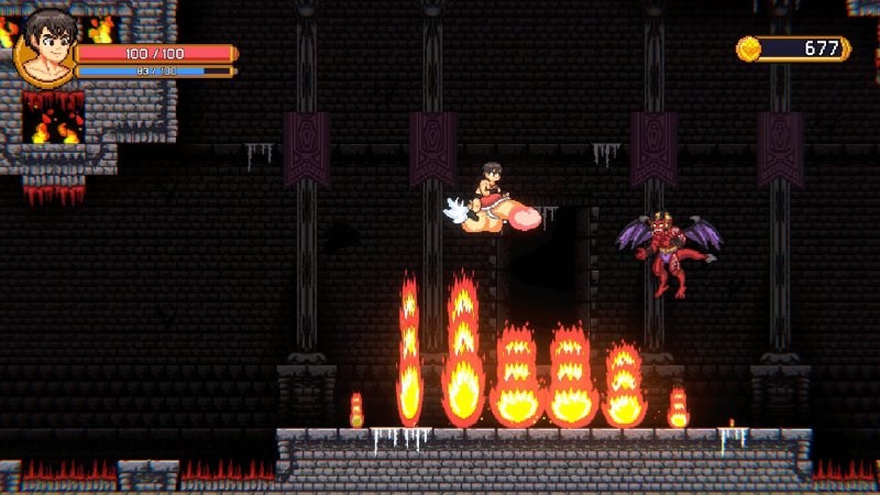 Combat à défilement horizontal avec flammes et ennemis fantastiques.