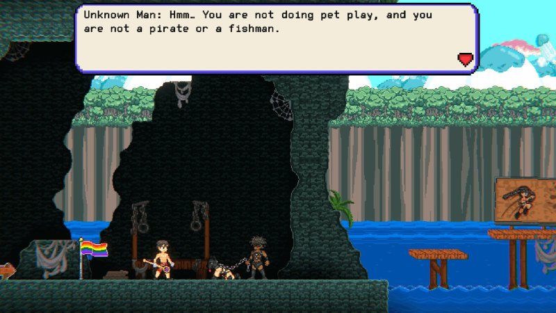 Dialogue en pixel art avec silhouette de personnage sous une arche.