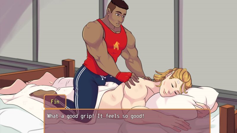 Homme adulte illustré se reposant près d’un lit dans une scène de visual novel.