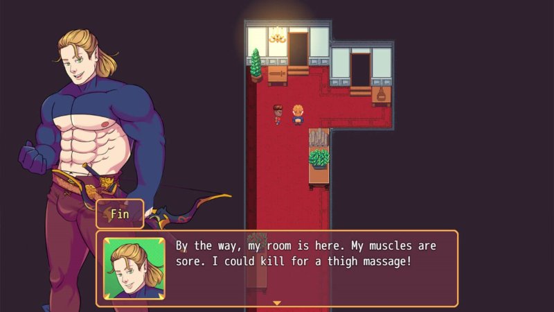 Conversation en pixel art avec un guerrier musclé en intérieur.
