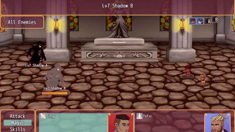 Scène de RPG vue du dessus dans un bâtiment décoré.