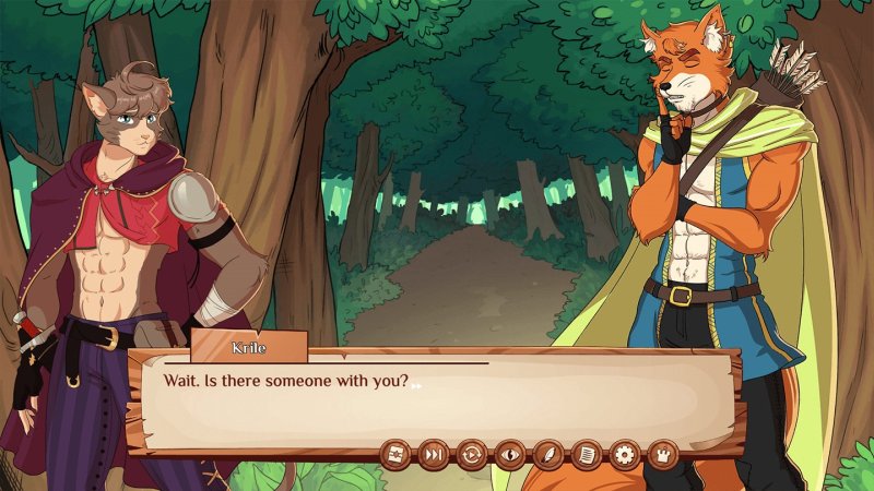 Dialogue de visual novel furry avec deux personnages animaux dans les bois.