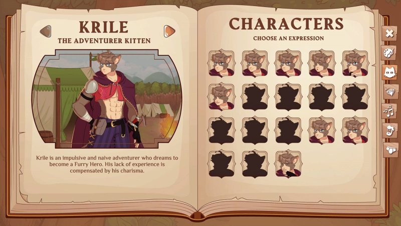 Page de livre de profil avec galerie de portraits des personnages furry.