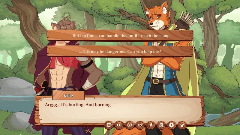 Dialogue du visual novel furry fantastique dans un décor boisé.
