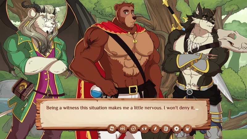 Groupe d’aventuriers anthropomorphes musclés en extérieur.