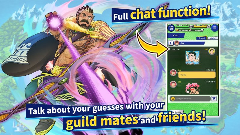 Interface de chat et illustration d’équipe multijoueur.