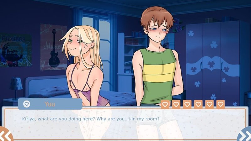Dialogue de visual novel de style anime avec deux personnages en intérieur.