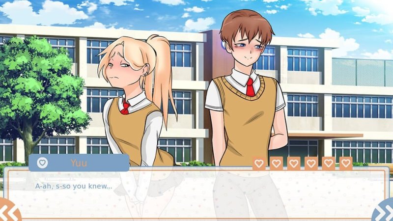 Conversation de visual novel entre personnages illustrés de style anime.
