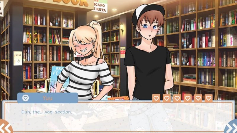 Dialogue de personnages anime dans une pièce remplie de livres.