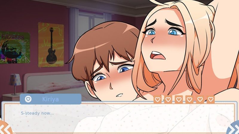 Gros plan sur l’expression d’un personnage de visual novel en intérieur.