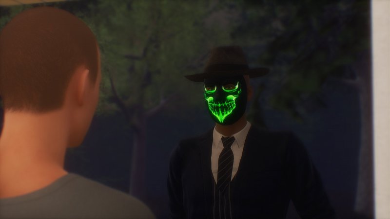 Personnage adulte en 3D avec masque lumineux dans une pièce sombre.