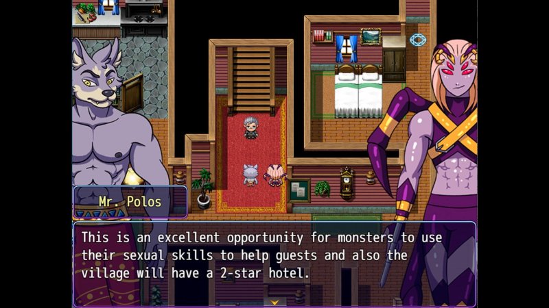Dialogue de RPG entre deux personnages anthropomorphes fantastiques illustrés.