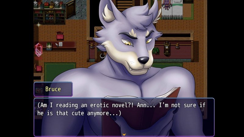 Portrait d’un personnage furry adulte pendant un dialogue de visual novel.