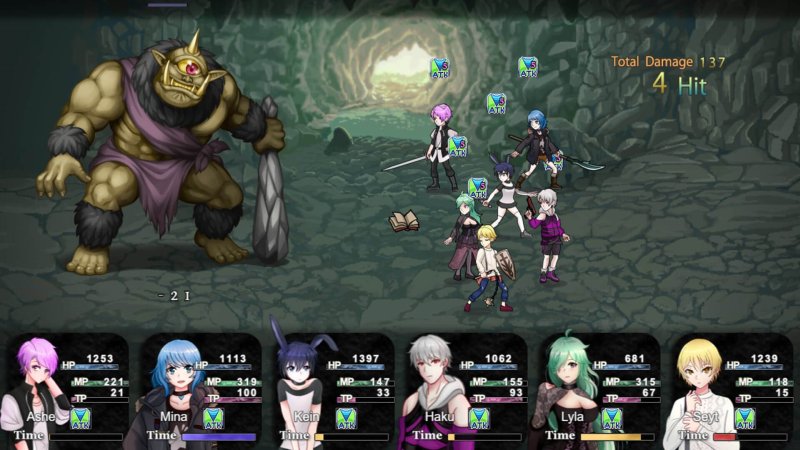 Combat de RPG fantastique vu du dessus, icônes d’équipe et boss adverse.