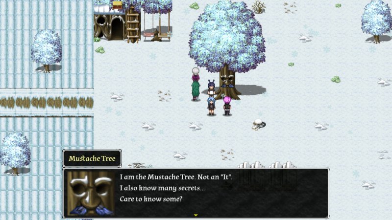 Carte extérieure enneigée du RPG avec personnages près d’un bâtiment.