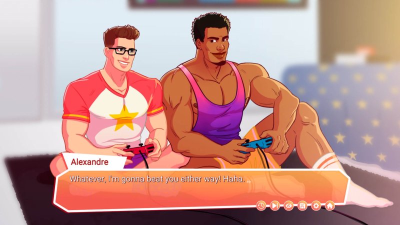 Dialogue de visual novel bara entre personnages masculins musclés.