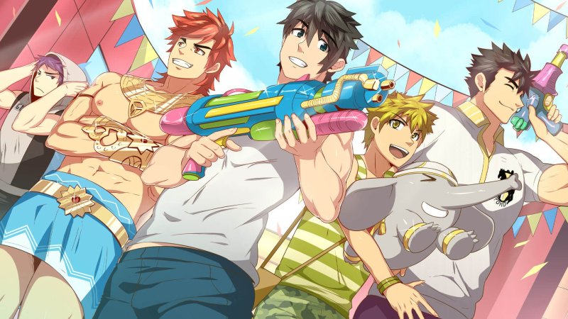Illustration de groupe présentant les personnages masculins adultes.