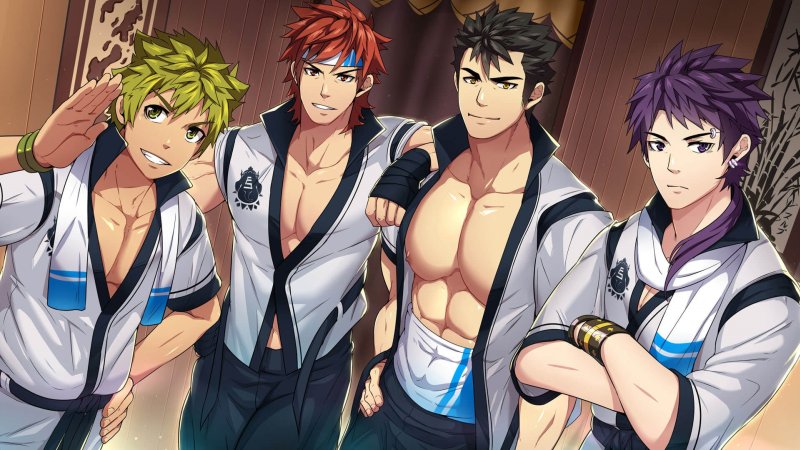 Quatre personnages masculins de visual novel en chemises blanches.