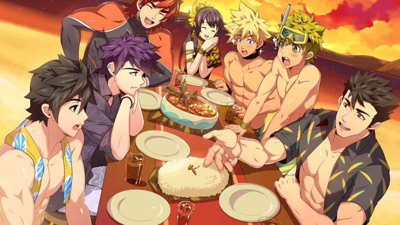 Groupe de personnages masculins de style anime partageant un repas.