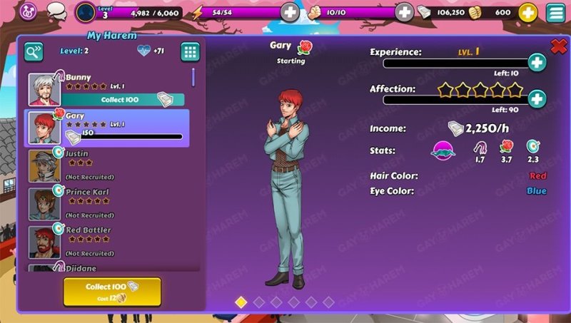 Liste des personnages et interface de progression de Gay Harem.