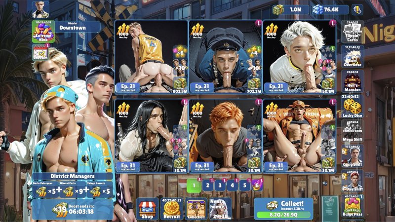 Cartes de personnages masculins sur l’interface du jeu idle pour adultes.