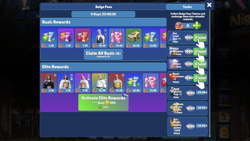 Graphique de progression du jeu idle et récompenses de personnages.