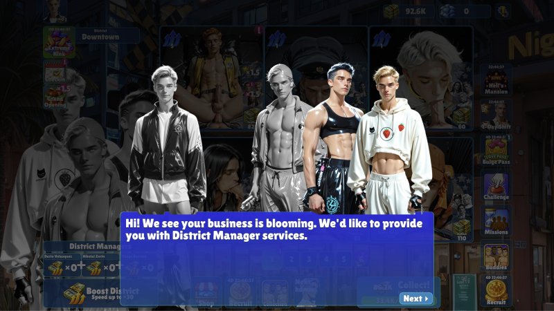 Dialogue de visual novel avec personnages masculins adultes en costume.