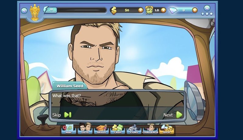 Personnage masculin dessiné parlant dans l’interface de dialogue du jeu de drague.