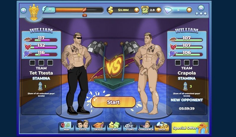 Deux personnages masculins dessinés dans une interface de cartes compétitive.