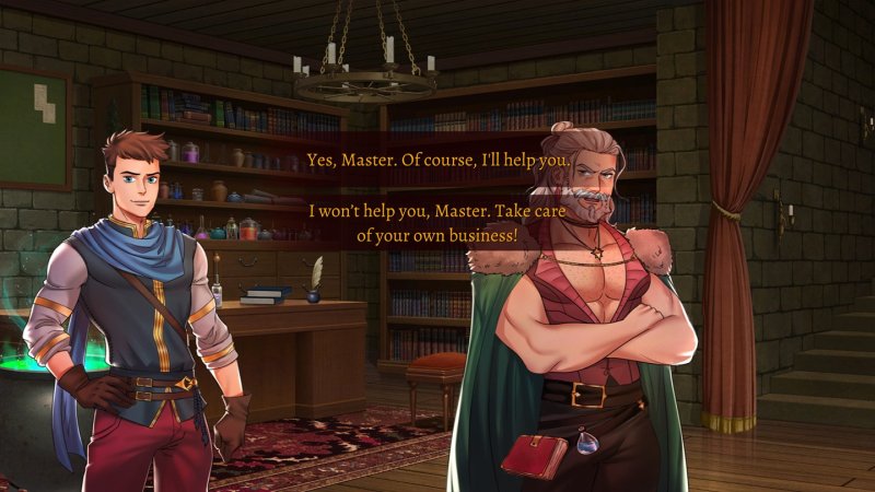 Deux personnages masculins fantastiques dans un intérieur éclairé aux bougies.