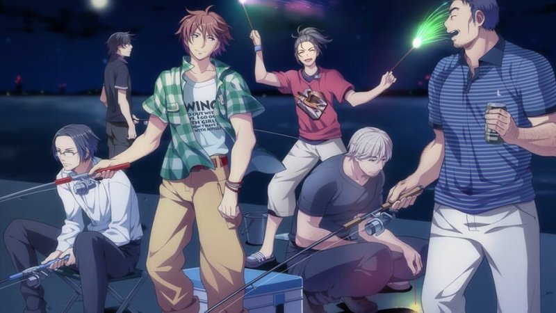 Groupe de personnages masculins réunis dans une scène de fête.