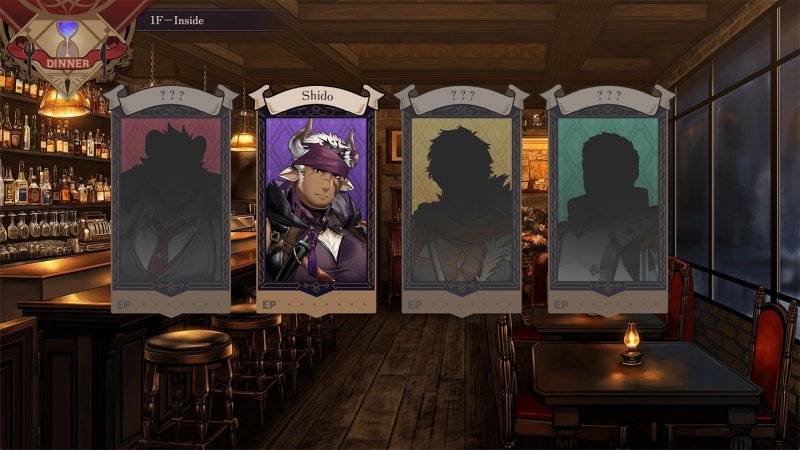 Intérieur de taverne fantastique illustrée et scène de sélection de personnage.