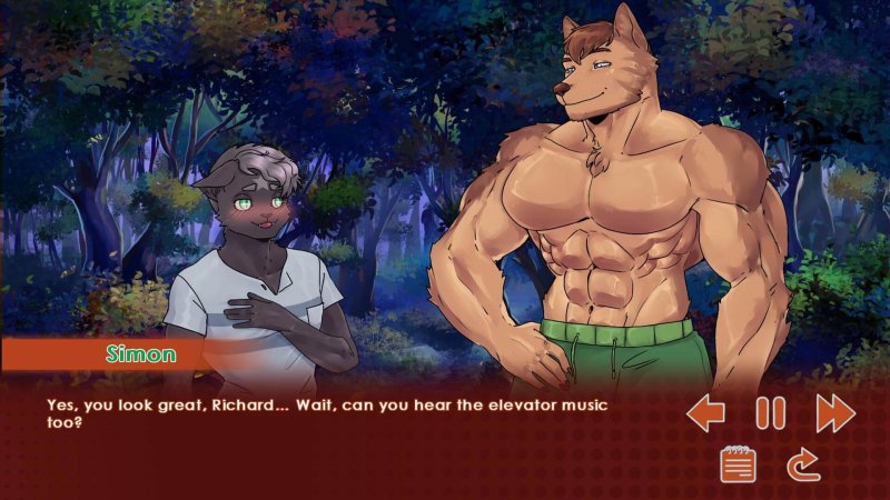 Deux personnages masculins anthropomorphes discutant sous les arbres.