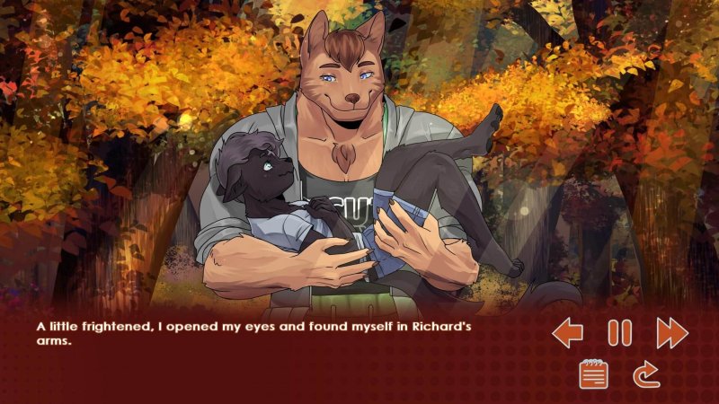 Personnage masculin furry lisant dehors en automne.