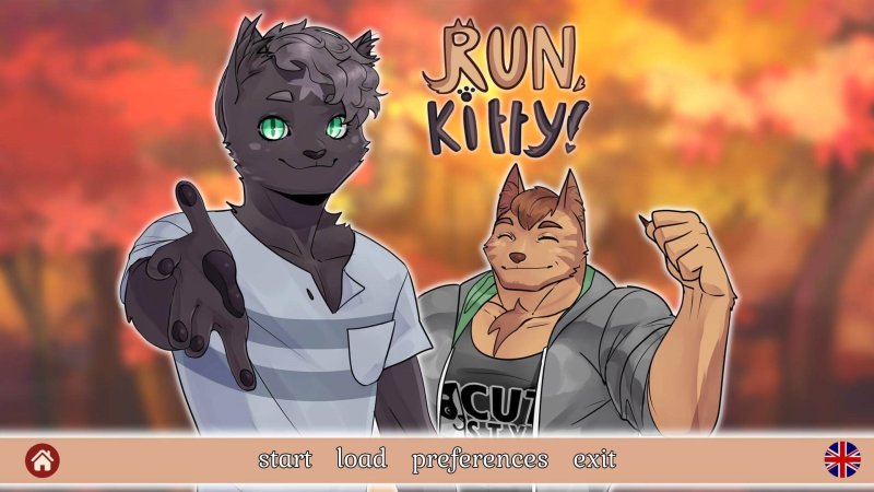 Écran-titre de Run, Kitty! avec deux personnages masculins dessinés.