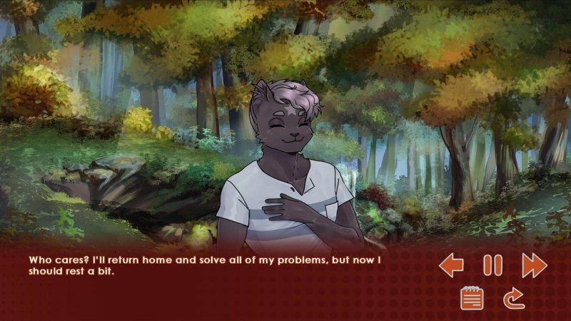 Personnage furry marchant dans une forêt automnale.