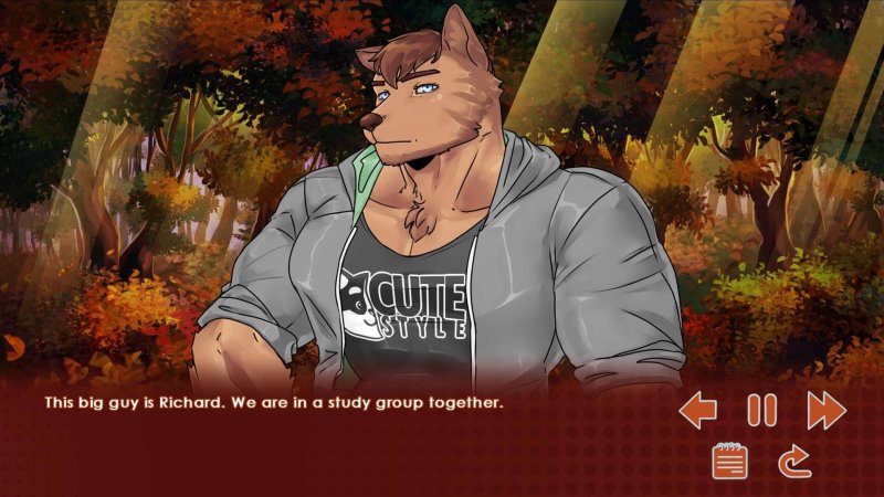 Loup anthropomorphe masculin en veste en jean pendant un dialogue.