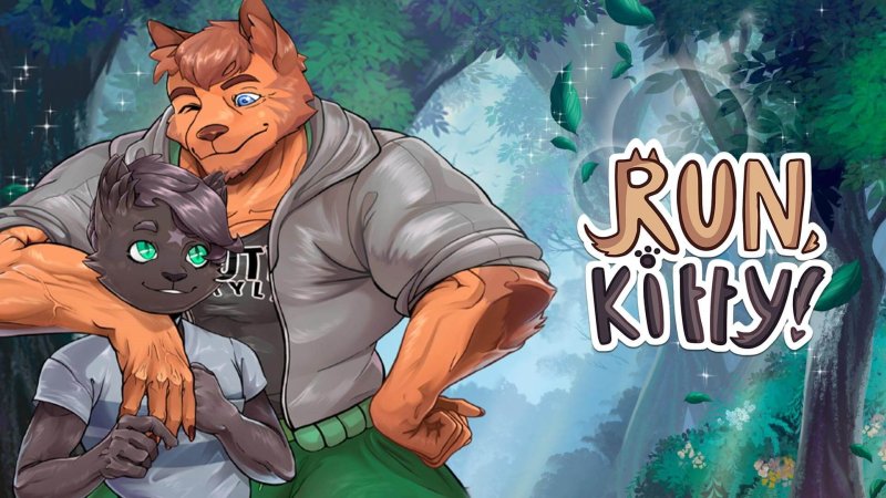 Couverture illustrée de Run, Kitty! avec un loup et un chat masculins.