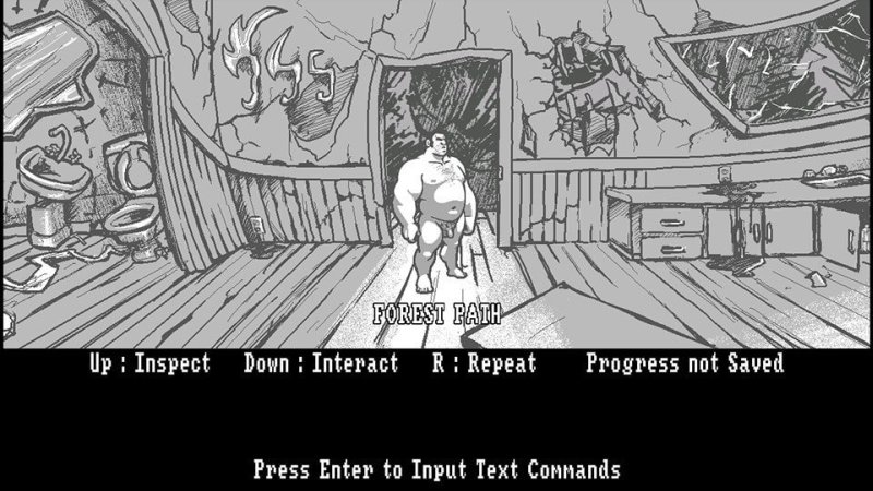 Intérieur esquissé en noir et blanc du jeu d’aventure avec personnages adultes.